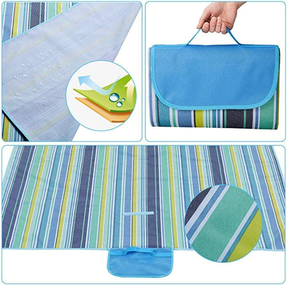 Ziloty Picnic Blanket | Beach Picnic mat for Indoor & Outdoor, 80" x 57" Sandproof Waterproof Larger Mat for Travel, Camping, Hiking, Park Grass,Handy Mat Tote, Foldable (Blue Line, Fabric)