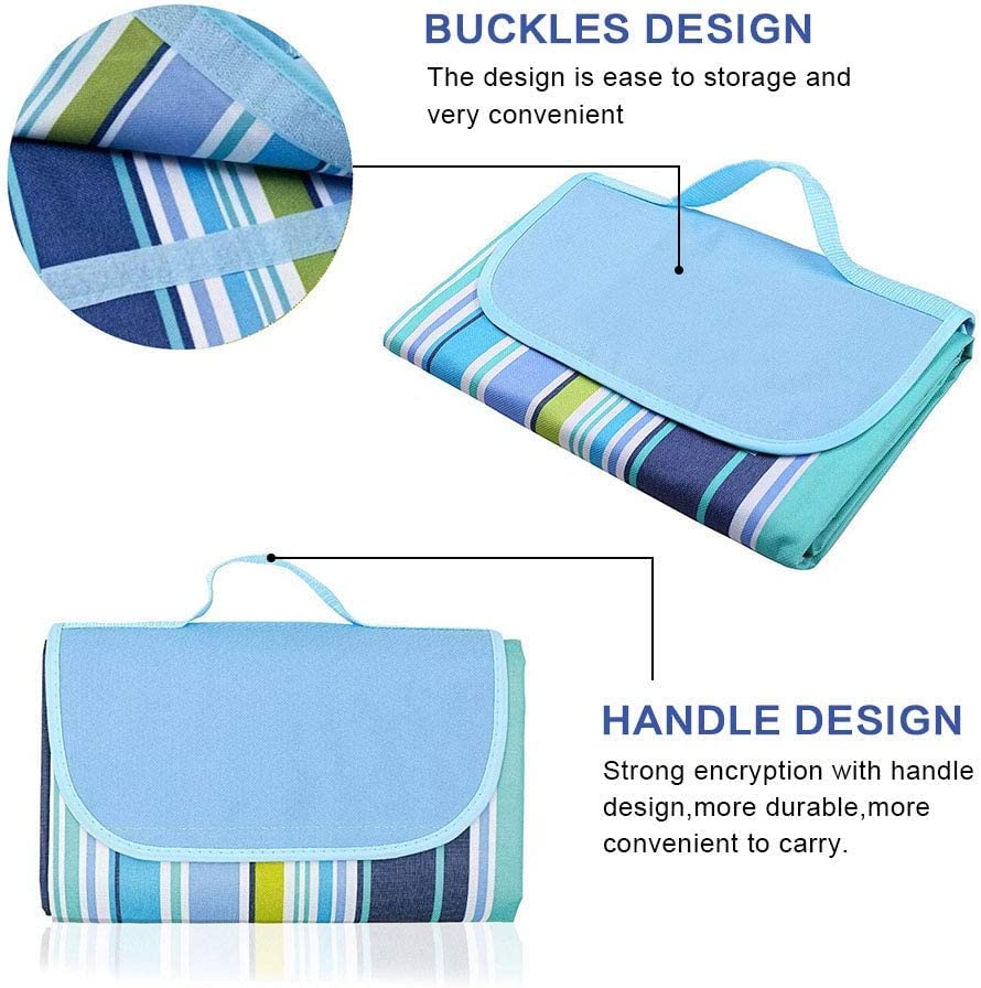 Ziloty Picnic Blanket | Beach Picnic mat for Indoor & Outdoor, 80" x 57" Sandproof Waterproof Larger Mat for Travel, Camping, Hiking, Park Grass,Handy Mat Tote, Foldable (Blue Line, Fabric)