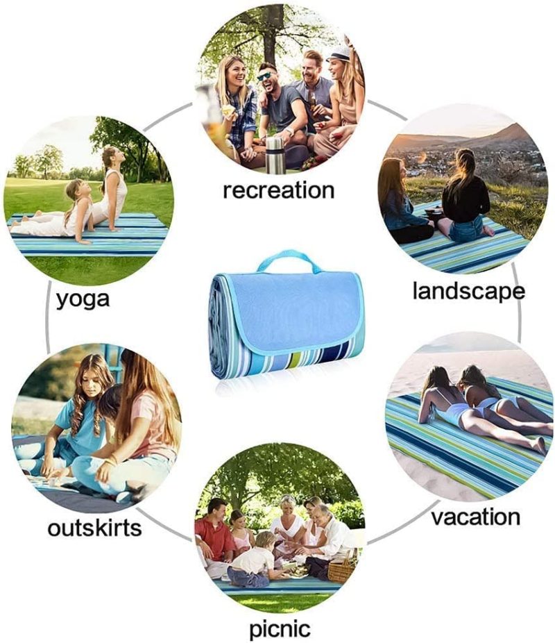 Ziloty Picnic Blanket | Beach Picnic mat for Indoor & Outdoor, 80" x 57" Sandproof Waterproof Larger Mat for Travel, Camping, Hiking, Park Grass,Handy Mat Tote, Foldable (Blue Line, Fabric) - Image 4