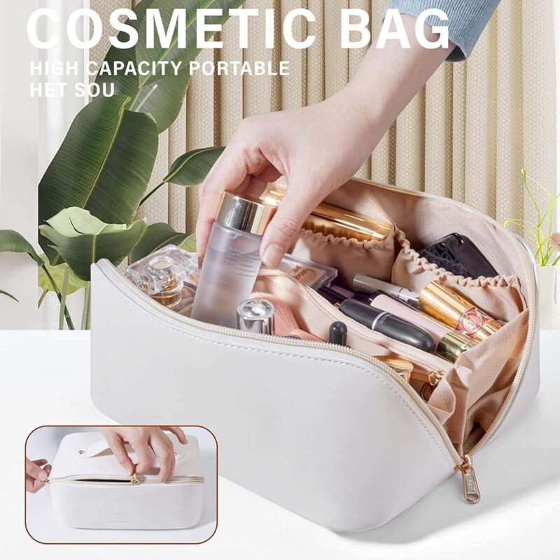 Ziloty Large Capacity Leather Cosmetic Pouch Travel Make up Bags for Home & Travel Toiletry Bag for Cosmetics, Brushes, Accessories with Handle and Divider - White - Image 6