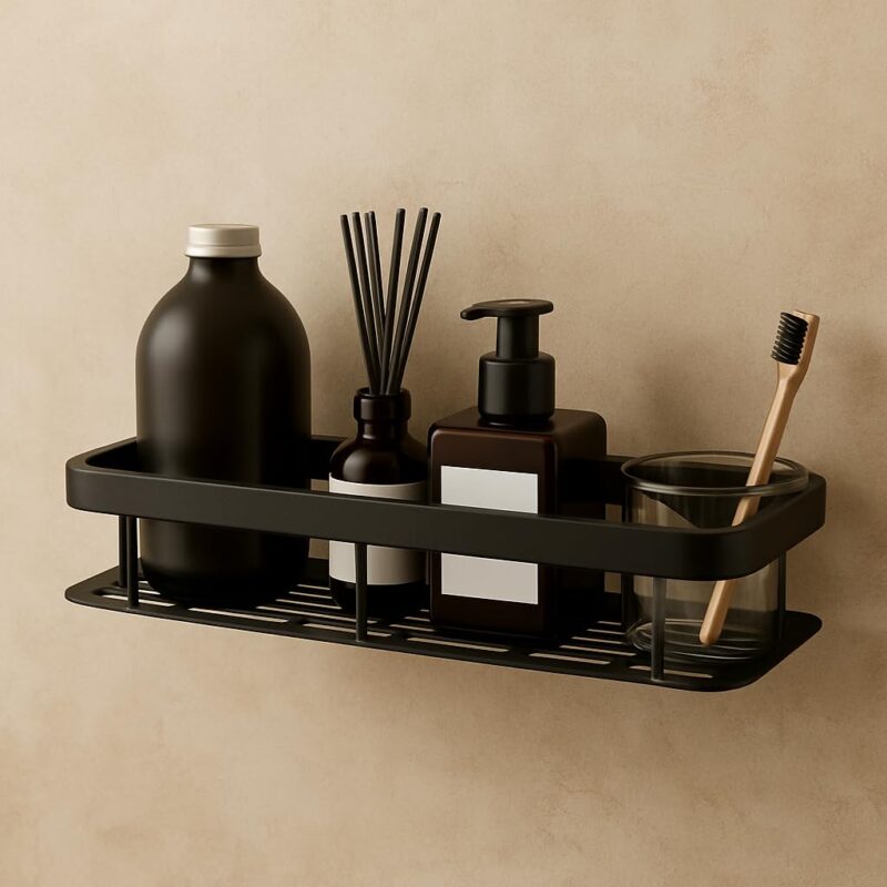 Zilotyshopping Wall-Mounted Stainless Steel Shelf with Towel Holder & Hooks – Chrome Finish Bathroom Organizer for Home & Hotel Use (Black 1 pcs)