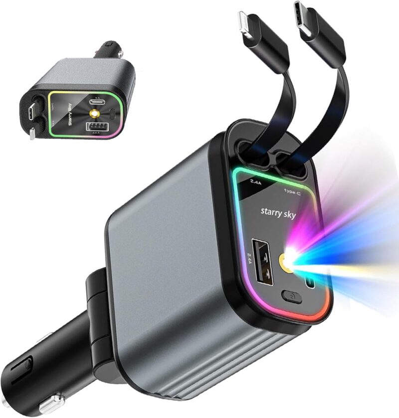 Zilotyshopping Retractable Car Charger with Starlight Projection on Car Roof | Car Accessories Super Fast Car Charger 4 in 1 | Compatible with iPhone and Android | Retractable Cables 32 Inches - Image 7