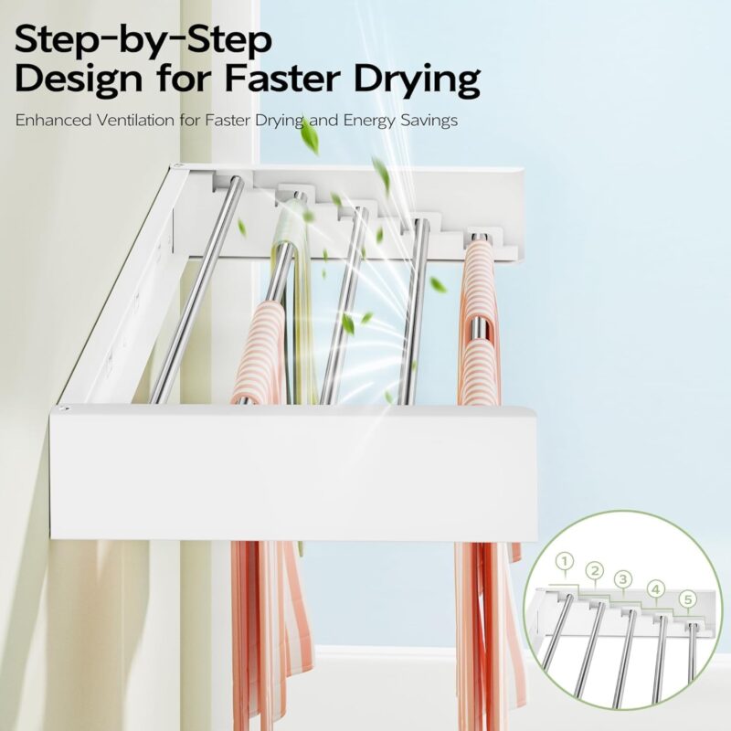 Zilotyshopping Wall Mounted Clothes Drying Rack – 32 Inch Foldable Indoor Laundry Hanger with 5 Stainless Steel Rods, Space-Saving Collapsible Wall Rack with Installation Template – White - Image 3