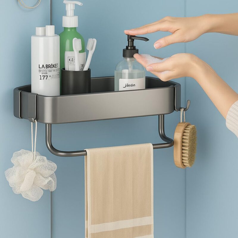 Zilotyshopping Wall-Mounted Stainless Steel Shelf with Towel Holder & Hooks – Chrome Finish Bathroom Organizer for Home & Hotel Use (2 Pcs Bath Shelf) - Image 7