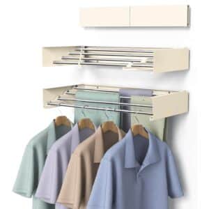 Zilotyshopping Wall Mounted Clothes Drying Rack – 32 Inch Foldable Indoor Laundry Hanger with 5 Stainless Steel Rods, Space-Saving Collapsible Wall Rack with Installation Template – White