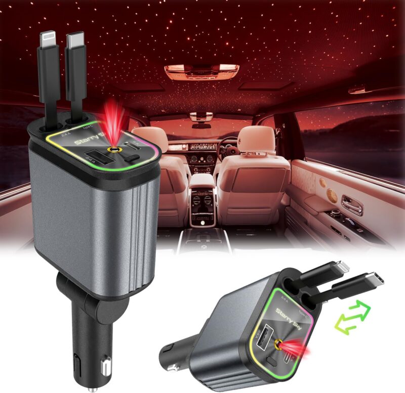 Zilotyshopping Retractable Car Charger with Starlight Projection on Car Roof | Car Accessories Super Fast Car Charger 4 in 1 | Compatible with iPhone and Android | Retractable Cables 32 Inches - Image 4