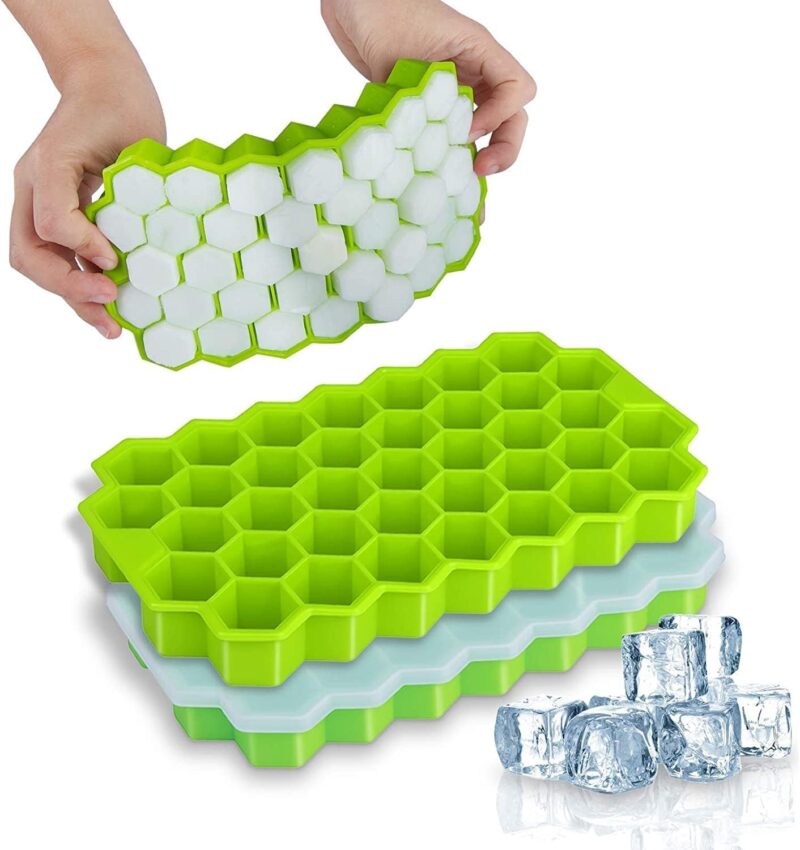 Zilotyshopping HONEYCOM with lid - Pack of 1 Silicone Ice Cube Molds, Flexible 37 Ice Trays BPA Free, for Whiskey Cocktail, Stackable and Safe Ice Cube Small Cubes Fridge Bar Soft Tray