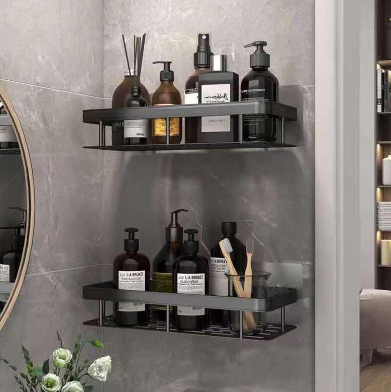 Zilotyshopping Wall-Mounted Stainless Steel Shelf with Towel Holder & Hooks – Chrome Finish Bathroom Organizer for Home & Hotel Use (Black 1 pcs) - Image 2