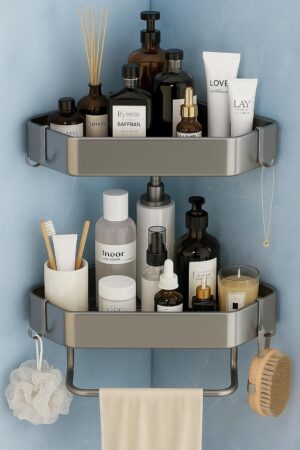 Zilotyshopping Wall-Mounted Stainless Steel Shelf with Towel Holder & Hooks – Chrome Finish Bathroom Organizer for Home & Hotel Use (2 Pcs Bath Shelf)