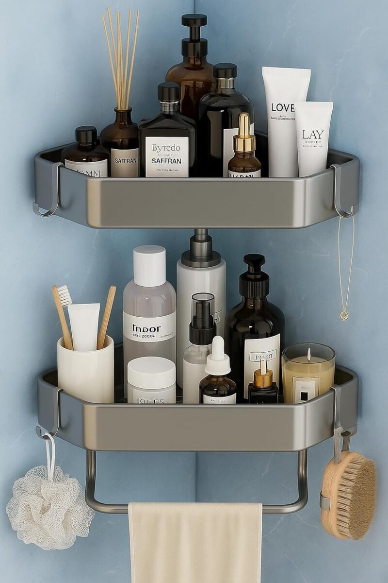 Zilotyshopping Wall-Mounted Stainless Steel Shelf with Towel Holder & Hooks – Chrome Finish Bathroom Organizer for Home & Hotel Use (2 Pcs Bath Shelf)
