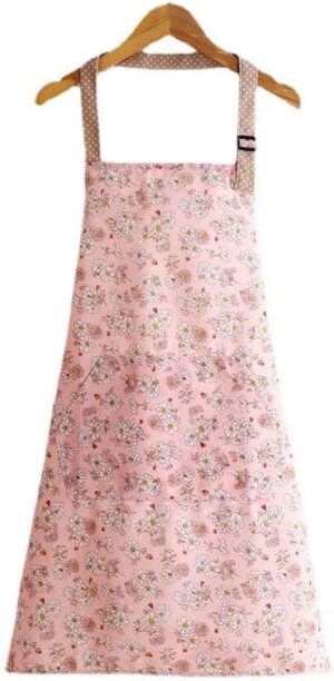 Zilotyshopping Pink Floral Cotton Apron – Adjustable Kitchen Cooking Apron with Pocket | Soft Fabric, Comfortable Fit & Stylish Design